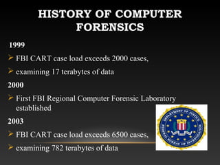 HISTORY OF COMPUTER
FORENSICS
1999
 FBI CART case load exceeds 2000 cases,
 examining 17 terabytes of data
2000
 First FBI Regional Computer Forensic Laboratory
established
2003
 FBI CART case load exceeds 6500 cases,
 examining 782 terabytes of data
 