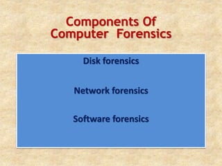 Components Of
Computer Forensics
Disk forensics
Network forensics
Software forensics
 