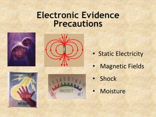 Electronic Evidence
Precautions
• Static Electricity
• Magnetic Fields
• Shock
• Moisture
 