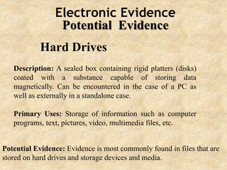 Electronic Evidence
Potential Evidence
Hard Drives
Description: A sealed box containing rigid platters (disks)
coated with a substance capable of storing data
magnetically. Can be encountered in the case of a PC as
well as externally in a standalone case.
Primary Uses: Storage of information such as computer
programs, text, pictures, video, multimedia files, etc.
Potential Evidence: Evidence is most commonly found in files that are
stored on hard drives and storage devices and media.
 