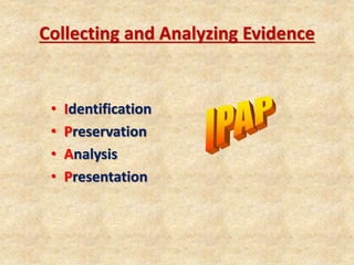 Collecting and Analyzing Evidence
• Identification
• Preservation
• Analysis
• Presentation
 