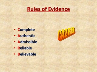Rules of Evidence
• Complete
• Authentic
• Admissible
• Reliable
• Believable
 