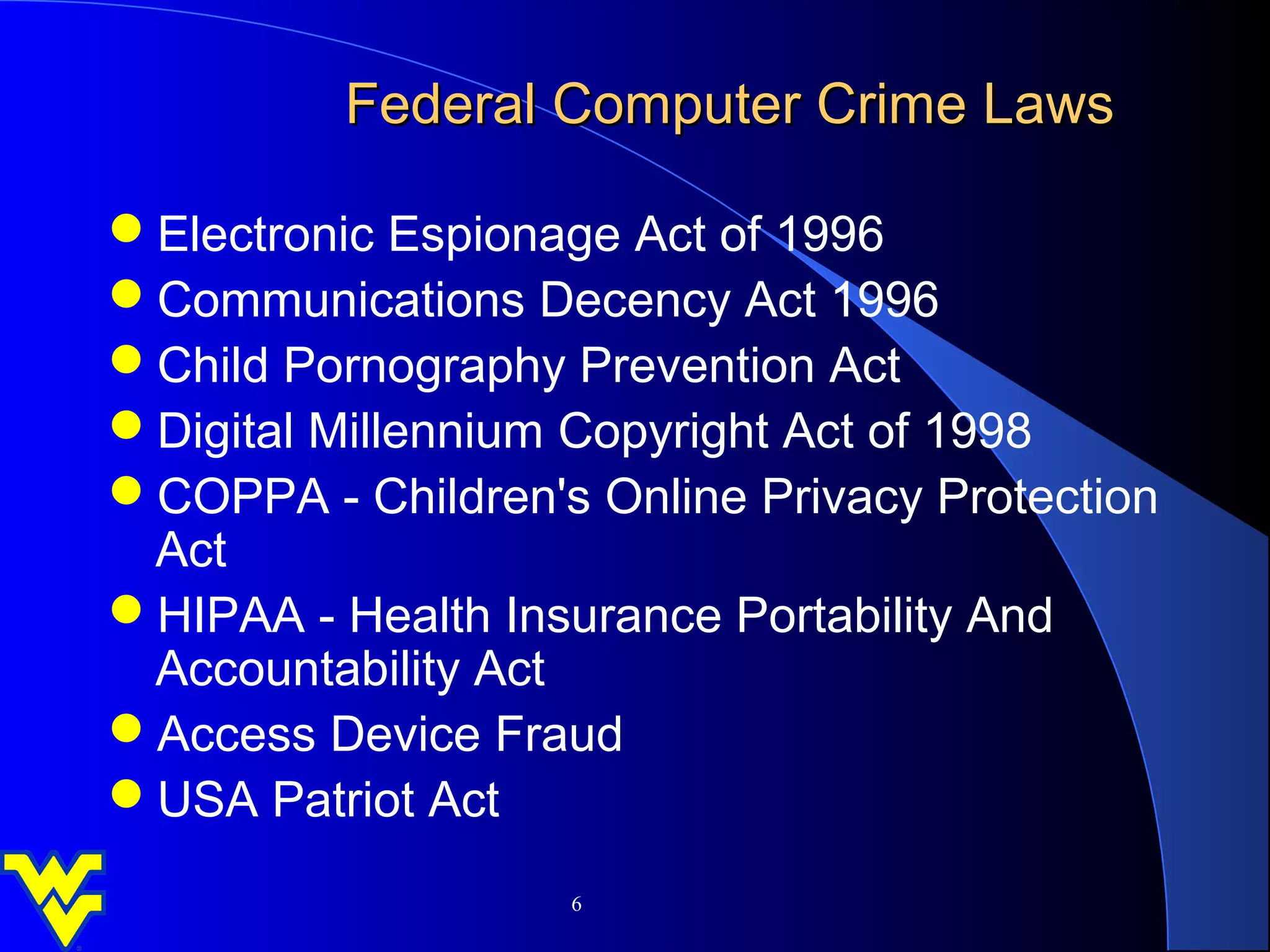 Federal Computer Crime Laws

Electronic Espionage Act of 1996
Communications Decency Act 1996
Child Pornography Prevention Act
Digital Millennium Copyright Act of 1998
COPPA - Children's Online Privacy Protection
 Act
HIPAA - Health Insurance Portability And
 Accountability Act
Access Device Fraud
USA Patriot Act

                   6
 
