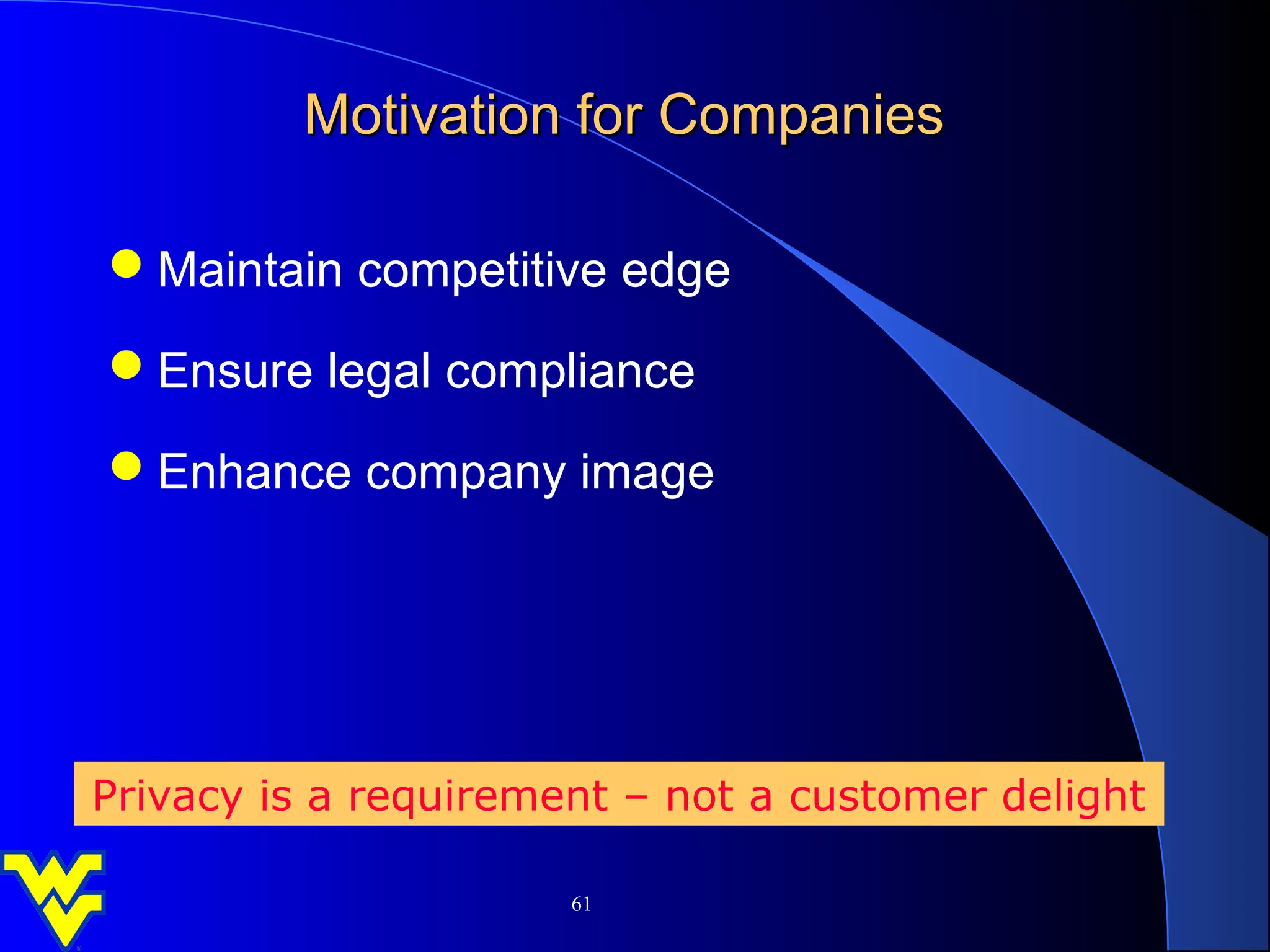Motivation for Companies

Maintain competitive edge

Ensure legal compliance

Enhance company image




Privacy is a requirement – not a customer delight

                      61
 