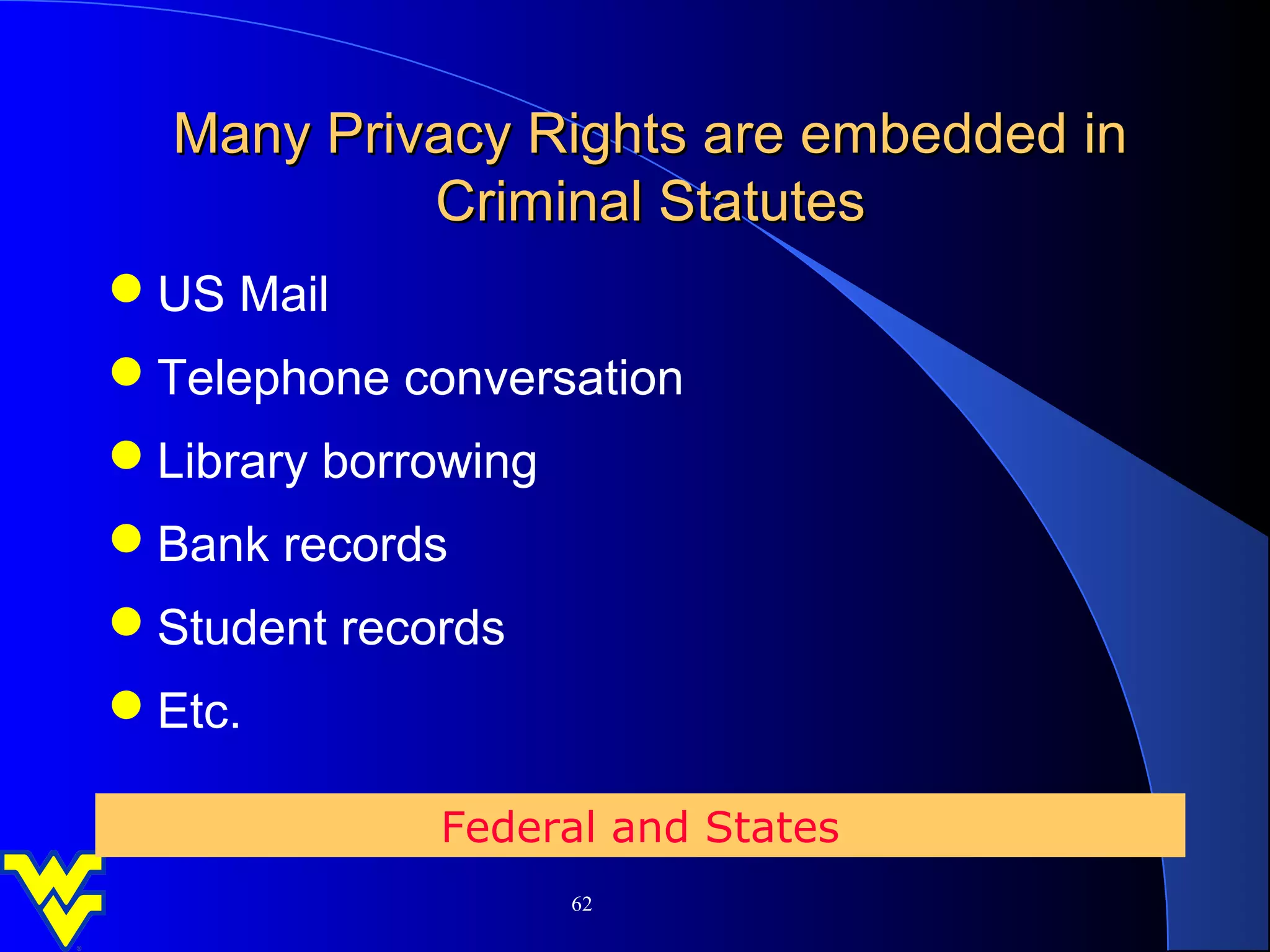 Many Privacy Rights are embedded in
           Criminal Statutes
US Mail
Telephone conversation
Library borrowing
Bank records
Student records
Etc.

             Federal and States
                     62
 