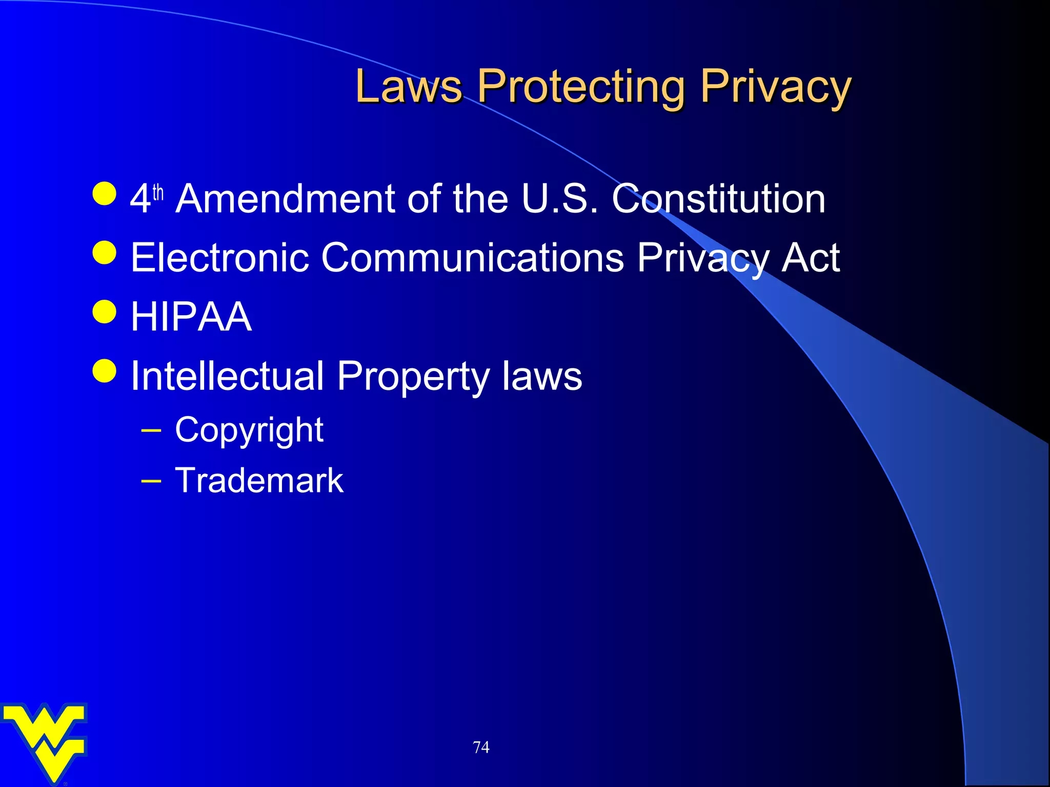 Laws Protecting Privacy

4th Amendment of the U.S. Constitution
Electronic Communications Privacy Act
HIPAA
Intellectual Property laws
  – Copyright
  – Trademark




                     74
 