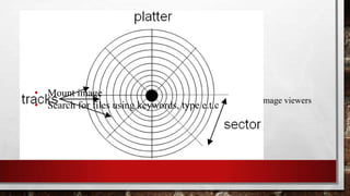 ANALYSIS OF A FORENSIC IMAGE
•Logical and Physical analysis
•Logical – Conventional way of accessing files using file explorer, image viewers
e.t.c. Analyses allocated space
•Physical – Using hex editors. Analyses unallocated and slack space
• Mount image
• Search for files using keywords, type e.t.c
 