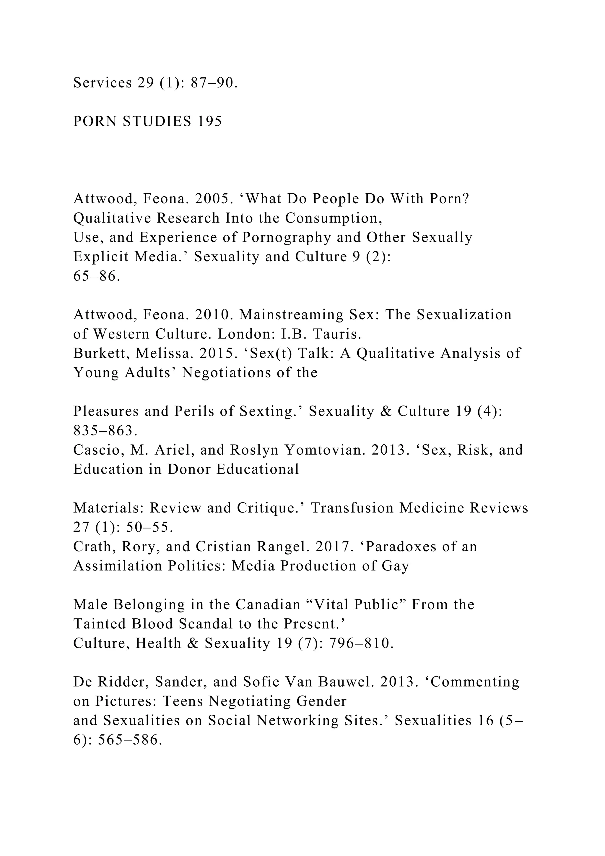 Services 29 (1): 87–90.
PORN STUDIES 195
Attwood, Feona. 2005. ‘What Do People Do With Porn?
Qualitative Research Into the Consumption,
Use, and Experience of Pornography and Other Sexually
Explicit Media.’ Sexuality and Culture 9 (2):
65–86.
Attwood, Feona. 2010. Mainstreaming Sex: The Sexualization
of Western Culture. London: I.B. Tauris.
Burkett, Melissa. 2015. ‘Sex(t) Talk: A Qualitative Analysis of
Young Adults’ Negotiations of the
Pleasures and Perils of Sexting.’ Sexuality & Culture 19 (4):
835–863.
Cascio, M. Ariel, and Roslyn Yomtovian. 2013. ‘Sex, Risk, and
Education in Donor Educational
Materials: Review and Critique.’ Transfusion Medicine Reviews
27 (1): 50–55.
Crath, Rory, and Cristian Rangel. 2017. ‘Paradoxes of an
Assimilation Politics: Media Production of Gay
Male Belonging in the Canadian “Vital Public” From the
Tainted Blood Scandal to the Present.’
Culture, Health & Sexuality 19 (7): 796–810.
De Ridder, Sander, and Sofie Van Bauwel. 2013. ‘Commenting
on Pictures: Teens Negotiating Gender
and Sexualities on Social Networking Sites.’ Sexualities 16 (5–
6): 565–586.
 