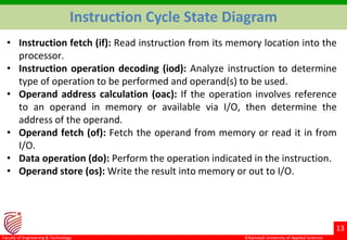 ©Ramaiah University of Applied Sciences
13
Faculty of Engineering & Technology
Instruction Cycle State Diagram
• Instruction fetch (if): Read instruction from its memory location into the
processor.
• Instruction operation decoding (iod): Analyze instruction to determine
type of operation to be performed and operand(s) to be used.
• Operand address calculation (oac): If the operation involves reference
to an operand in memory or available via I/O, then determine the
address of the operand.
• Operand fetch (of): Fetch the operand from memory or read it in from
I/O.
• Data operation (do): Perform the operation indicated in the instruction.
• Operand store (os): Write the result into memory or out to I/O.
 