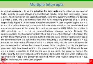 ©Ramaiah University of Applied Sciences
25
Faculty of Engineering & Technology
Multiple Interrupts
A second approach is to define priorities for interrupts and to allow an interrupt of
higher priority to cause a lower-priority interrupt handler to be itself interrupted (Figure
3.13b). As an example of this second approach, consider a system with three I/O devices:
a printer, a disk, and a communications line, with increasing priorities of 2, 4, and 5,
respectively. Figure 3.14 illustrates a possible sequence. A user program begins at t = 0.
At t = 10, a printer interrupt occurs; user information is placed on the system stack and
execution continues at the printer interrupt service routine (ISR). While this routine is
still executing, at t = 15, a communications interrupt occurs. Because the
communications line has higher priority than the printer, the interrupt is honored. The
printer ISR is interrupted, its state is pushed onto the stack, and execution continues at
the communications ISR. While this routine is executing, a disk interrupt occurs (t = 20).
Because this interrupt is of lower priority, it is simply held, and the communications ISR
runs to completion. When the communications ISR is complete (t = 25), the previous
processor state is restored, which is the execution of the printer ISR. However, before
even a single instruction in that routine can be executed, the processor honors the
higher priority disk interrupt and control transfers to the disk ISR. Only when that routine
is complete (t = 35) is the printer ISR resumed. When that routine completes (t = 40),
control finally returns to the user program
 