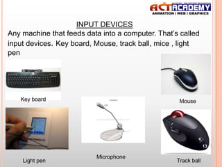 INPUT DEVICES
Any machine that feeds data into a computer. That’s called
input devices. Key board, Mouse, track ball, mice , light
pen

Key board

Mouse

13

Light pen

Microphone

Track ball

 