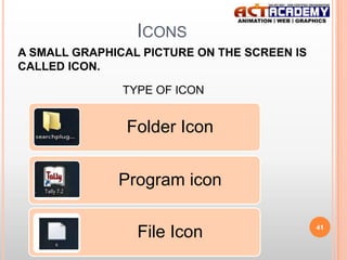 ICONS
A SMALL GRAPHICAL PICTURE ON THE SCREEN IS
CALLED ICON.

TYPE OF ICON

Folder Icon
Program icon
File Icon

41

 