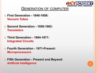 GENERATION OF COMPUTER


First Generation - 1940-1956:
Vacuum Tubes



Second Generation - 1956-1963:
Transistors



Third Generation - 1964-1971:
Integrated Circuits



Fourth Generation - 1971-Present:
Microprocessors



Fifth Generation - Present and Beyond:
Artificial Intelligence

5

 