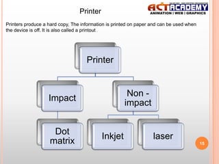 Printer
Printers produce a hard copy, The information is printed on paper and can be used when
the device is off. It is also called a printout .

Printer

Non impact

Impact

Dot
matrix

Inkjet

laser
15

 