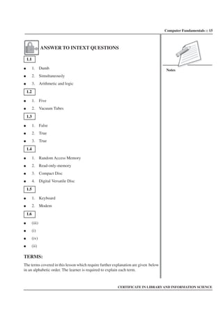Computer Fundamentals :: 15
Notes
CERTIFICATE IN LIBRARY AND INFORMATION SCIENCE
ANSWER TO INTEXT QUESTIONS
1.1
● 1. Dumb
● 2. Simultaneously
● 3. Arithmetic and logic
1.2
● 1. Five
● 2. Vacuum Tubes
1.3
● 1. False
● 2. True
● 3. True
1.4
● 1. Random Access Memory
● 2. Read-only-memory
● 3. Compact Disc
● 4. Digital Versatile Disc
1.5
● 1. Keyboard
● 2. Modem
1.6
● (iii)
● (i)
● (iv)
● (ii)
TERMS:
The terms covered in this lesson which require further explanation are given below
in an alphabetic order. The learner is required to explain each term.
 