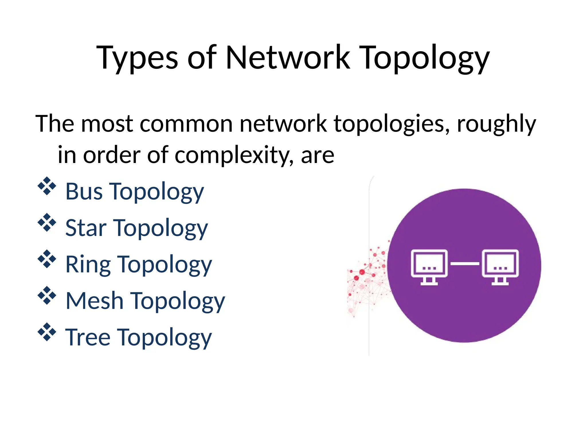 Types of Network Topology
The most common network topologies, roughly
in order of complexity, are
 Bus Topology
 Star Topology
 Ring Topology
 Mesh Topology
 Tree Topology
 