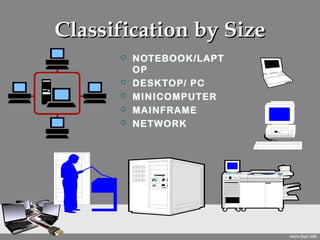 Classification by Size
         NOTEBOOK/LAPT
          OP
         DESKTOP/ PC
         MINICOMPUTER
         MAINFRAME
         NETWORK
 
