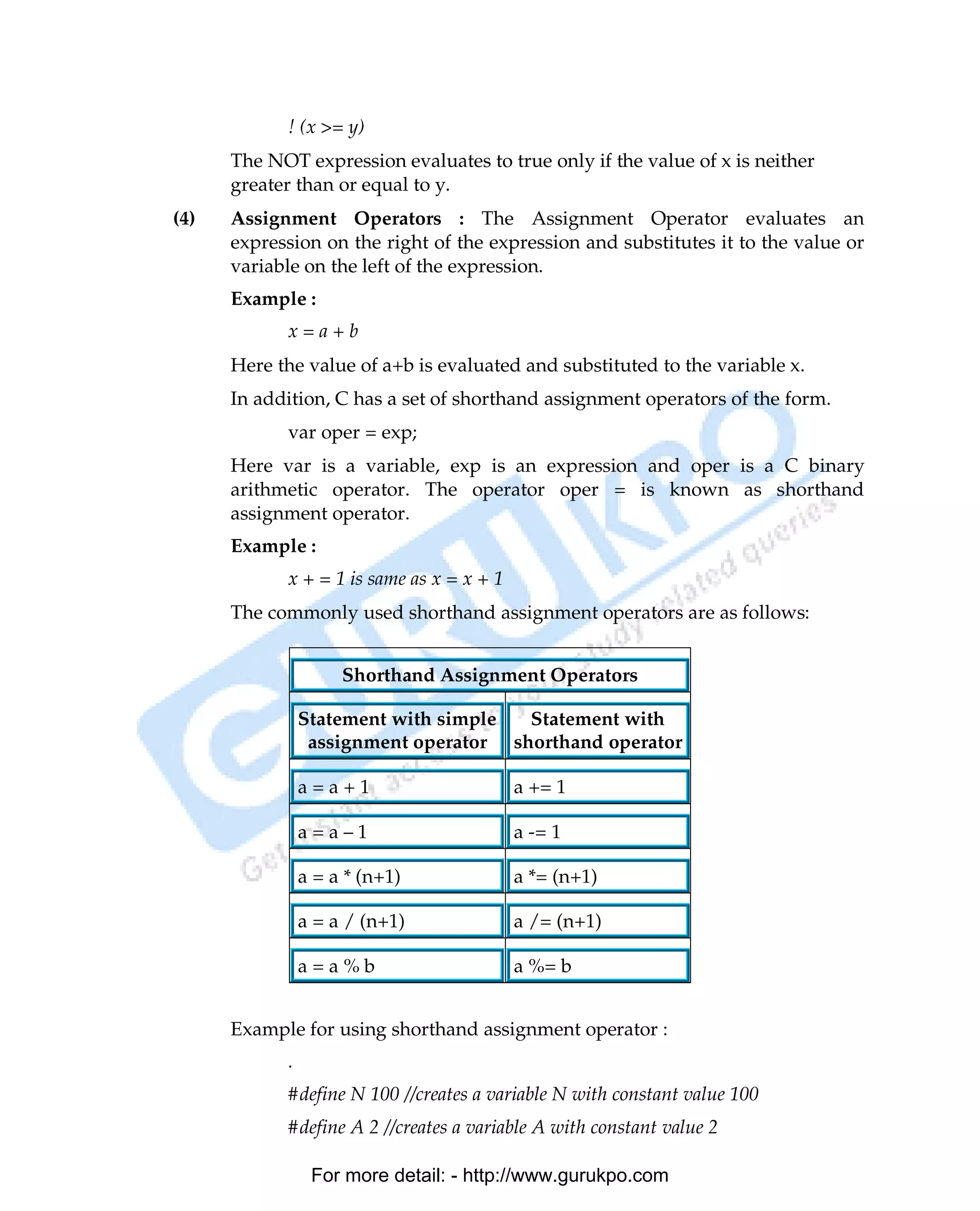 ! (x >= y)
      The NOT expression evaluates to true only if the value of x is neither
      greater than or equal to y.
(4)   Assignment Operators : The Assignment Operator evaluates an
      expression on the right of the expression and substitutes it to the value or
      variable on the left of the expression.
      Example :
            x=a+b
      Here the value of a+b is evaluated and substituted to the variable x.
      In addition, C has a set of shorthand assignment operators of the form.
            var oper = exp;
      Here var is a variable, exp is an expression and oper is a C binary
      arithmetic operator. The operator oper = is known as shorthand
      assignment operator.
      Example :
            x + = 1 is same as x = x + 1
      The commonly used shorthand assignment operators are as follows:


                     Shorthand Assignment Operators

                Statement with simple  Statement with
                 assignment operator shorthand operator

                a=a+1                      a += 1

                a=a–1                      a -= 1

                a = a * (n+1)              a *= (n+1)

                a = a / (n+1)              a /= (n+1)

                a=a%b                      a %= b


      Example for using shorthand assignment operator :
            .
            #define N 100 //creates a variable N with constant value 100
            #define A 2 //creates a variable A with constant value 2

                 For more detail: - http://www.gurukpo.com

PDF Created with deskPDF PDF Writer - Trial :: http://www.docudesk.com
 