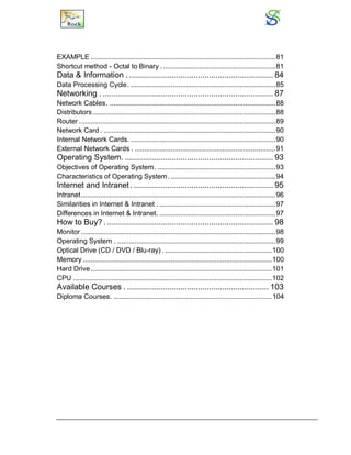 EXAMPLE .................................................................................................81
Shortcut method - Octal to Binary . ...........................................................81
Data & Information . ................................................................. 84
Data Processing Cycle. ............................................................................85
Networking . ............................................................................. 87
Network Cables. .......................................................................................88
Distributors................................................................................................88
Router .......................................................................................................89
Network Card . ..........................................................................................90
Internal Network Cards. ............................................................................90
External Network Cards . ..........................................................................91
Operating System. ................................................................... 93
Objectives of Operating System. ..............................................................93
Characteristics of Operating System. .......................................................94
Internet and Intranet. ............................................................... 95
Intranet......................................................................................................96
Similarities in Internet & Intranet . .............................................................97
Differences in Internet & Intranet. .............................................................97
How to Buy? . ........................................................................... 98
Monitor ......................................................................................................98
Operating System . ...................................................................................99
Optical Drive (CD / DVD / Blu-ray) . ........................................................100
Memory ...................................................................................................100
Hard Drive...............................................................................................101
CPU ........................................................................................................102
Available Courses . ................................................................ 103
Diploma Courses. ...................................................................................104
 