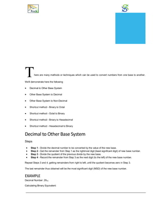 Number Conversion
There are many methods or techniques which can be used to convert numbers from one base to another.
We'll demonstrate here the following
 Decimal to Other Base System
 Other Base System to Decimal
 Other Base System to Non-Decimal
 Shortcut method - Binary to Octal
 Shortcut method - Octal to Binary
 Shortcut method - Binary to Hexadecimal
 Shortcut method - Hexadecimal to Binary
Decimal to Other Base System
Steps
 Step 1 - Divide the decimal number to be converted by the value of the new base.
 Step 2 - Get the remainder from Step 1 as the rightmost digit (least significant digit) of new base number.
 Step 3 - Divide the quotient of the previous divide by the new base.
 Step 4 - Record the remainder from Step 3 as the next digit (to the left) of the new base number.
Repeat Steps 3 and 4, getting remainders from right to left, until the quotient becomes zero in Step 3.
The last remainder thus obtained will be the most significant digit (MSD) of the new base number.
EXAMPLE
Decimal Number: 2910
Calculating Binary Equivalent:
CHAPTER
18
 