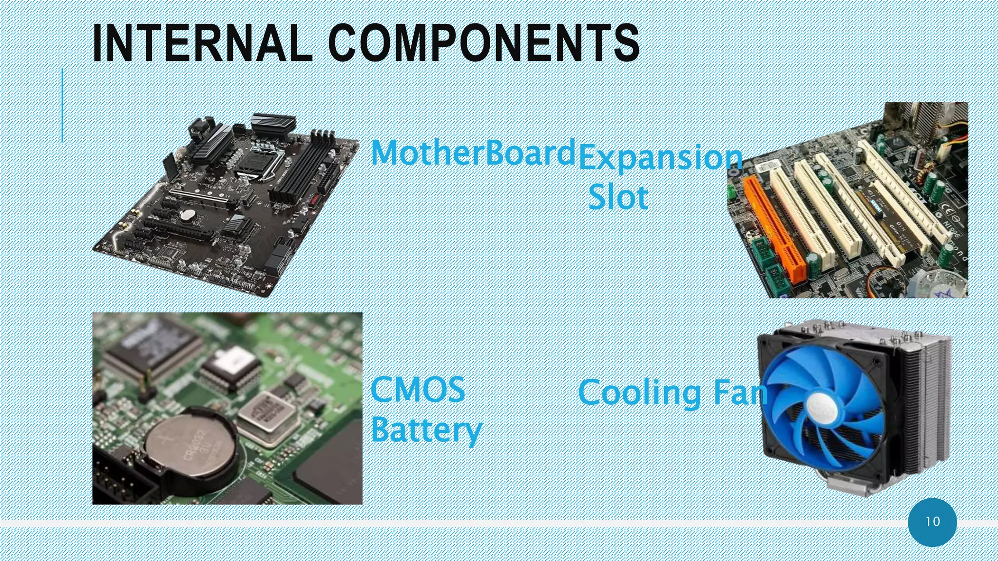 10
INTERNAL COMPONENTS
MotherBoardExpansion
Slot
CMOS
Battery
Cooling Fan
 