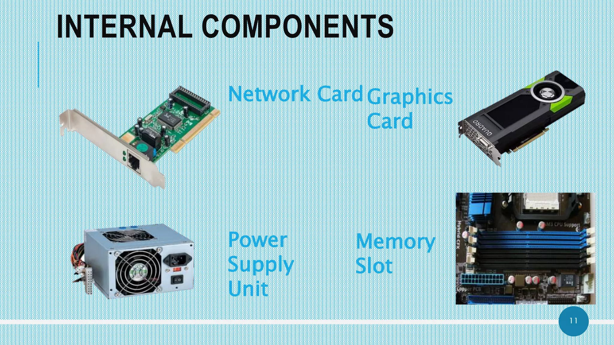11
INTERNAL COMPONENTS
Network CardGraphics
Card
Power
Supply
Unit
Memory
Slot
 