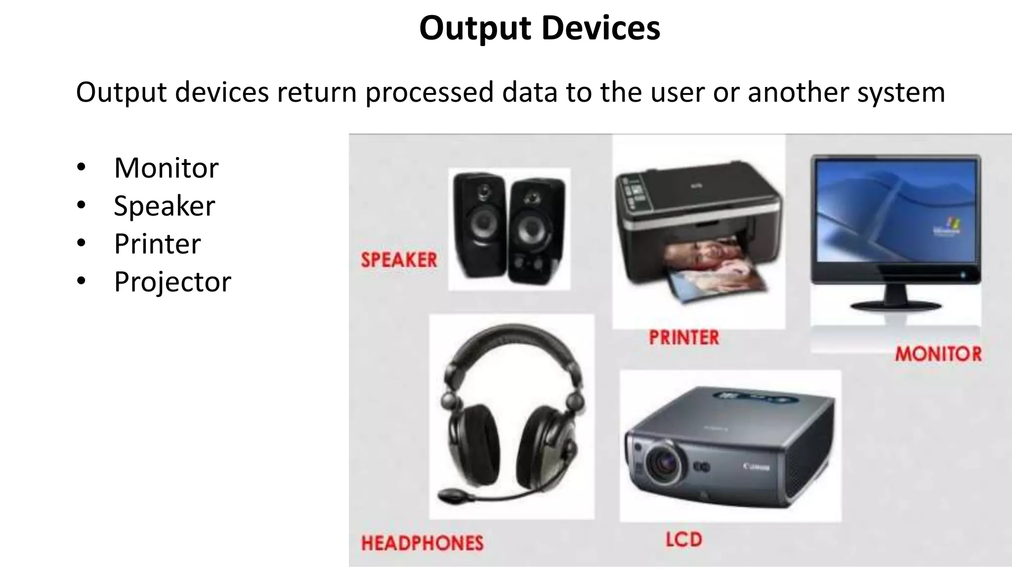 Output Devices
Output devices return processed data to the user or another system
• Monitor
• Speaker
• Printer
• Projector
 