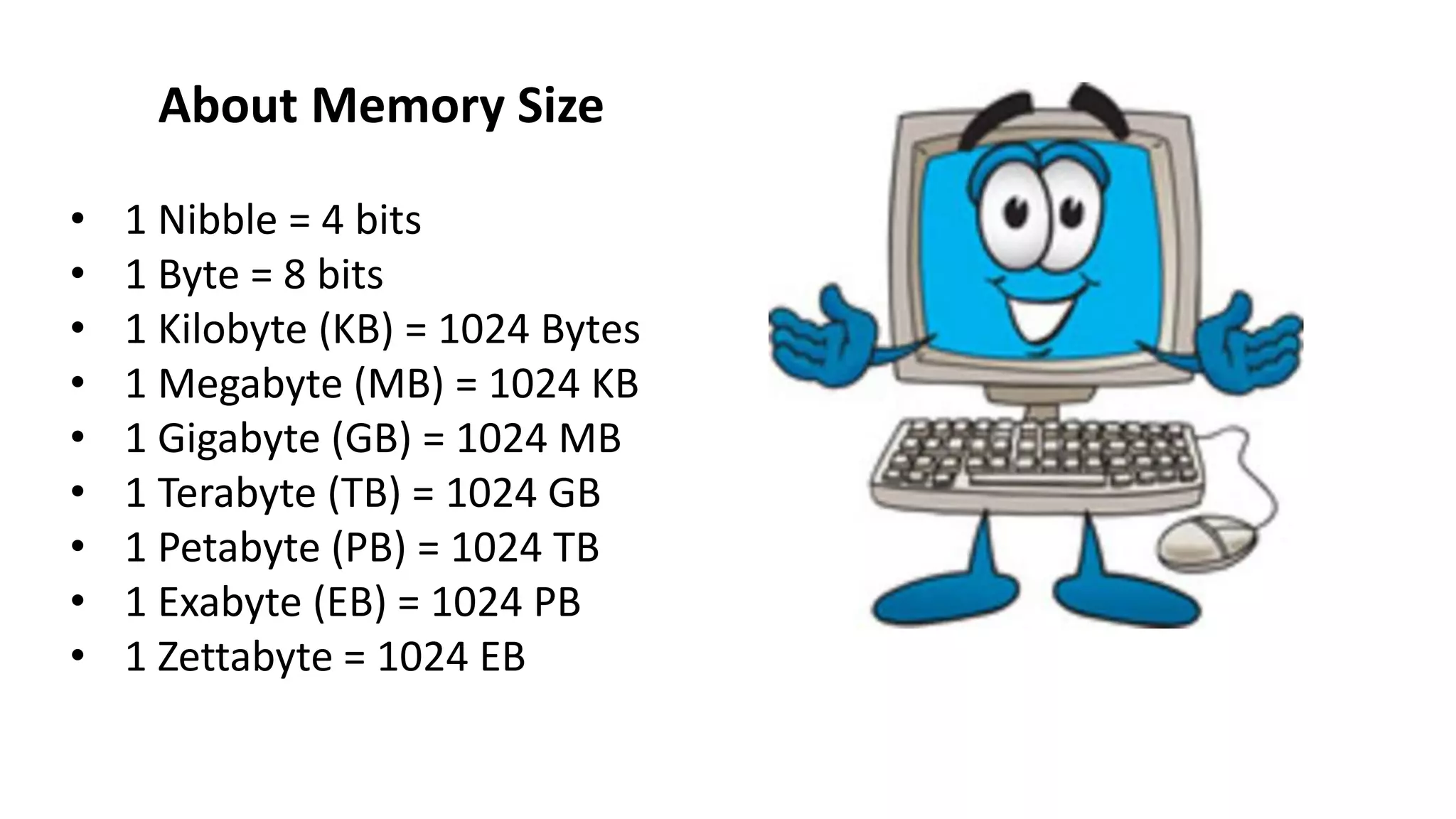 About Memory Size
• 1 Nibble = 4 bits
• 1 Byte = 8 bits
• 1 Kilobyte (KB) = 1024 Bytes
• 1 Megabyte (MB) = 1024 KB
• 1 Gigabyte (GB) = 1024 MB
• 1 Terabyte (TB) = 1024 GB
• 1 Petabyte (PB) = 1024 TB
• 1 Exabyte (EB) = 1024 PB
• 1 Zettabyte = 1024 EB
 