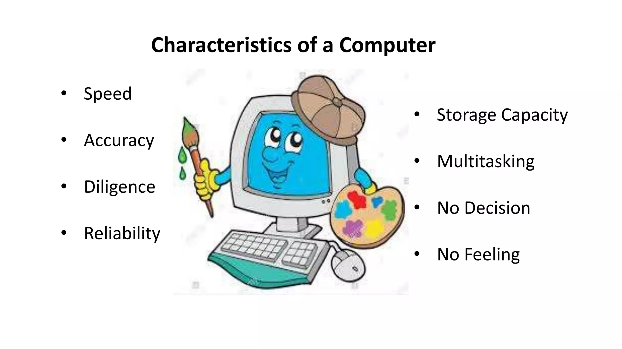 Characteristics of a Computer
• Speed
• Accuracy
• Diligence
• Reliability
• Storage Capacity
• Multitasking
• No Decision
• No Feeling
 
