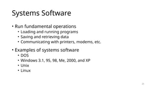 25
Systems Software
• Run fundamental operations
• Loading and running programs
• Saving and retrieving data
• Communicating with printers, modems, etc.
• Examples of systems software
• DOS
• Windows 3.1, 95, 98, Me, 2000, and XP
• Unix
• Linux
 
