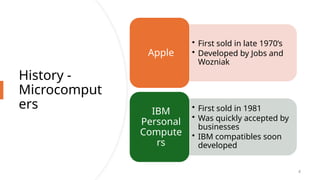 History -
Microcomput
ers
4
• First sold in late 1970’s
• Developed by Jobs and
Wozniak
Apple
• First sold in 1981
• Was quickly accepted by
businesses
• IBM compatibles soon
developed
IBM
Personal
Compute
rs
 