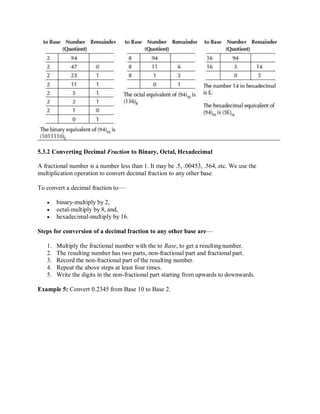 5.3.2 Converting Decimal Fraction to Binary, Octal, Hexadecimal
A fractional number is a number less than 1. It may be .5, .00453, .564, etc. We use the
multiplication operation to convert decimal fraction to any other base.
To convert a decimal fraction to—
 binary-multiply by 2,
 octal-multiply by 8, and,
 hexadecimal-multiply by 16.
Steps for conversion of a decimal fraction to any other base are—
1. Multiply the fractional number with the to Base, to get a resulting number.
2. The resulting number has two parts, non-fractional part and fractionalpart.
3. Record the non-fractional part of the resulting number.
4. Repeat the above steps at least four times.
5. Write the digits in the non-fractional part starting from upwards to downwards.
Example 5: Convert 0.2345 from Base 10 to Base 2.
 