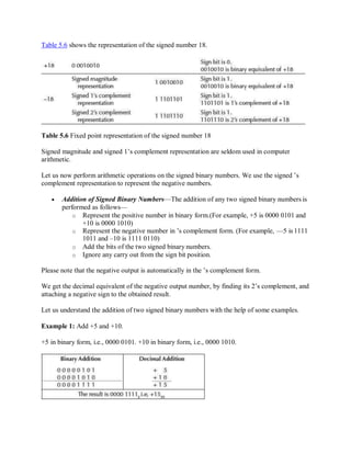 Table 5.6 shows the representation of the signed number 18.
Table 5.6 Fixed point representation of the signed number 18
Signed magnitude and signed 1’s complement representation are seldom used in computer
arithmetic.
Let us now perform arithmetic operations on the signed binary numbers. We use the signed ’s
complement representation to represent the negative numbers.
 Addition of Signed Binary Numbers—The addition of any two signed binary numbers is
performed as follows—
o Represent the positive number in binary form.(For example, +5 is 0000 0101 and
+10 is 0000 1010)
o Represent the negative number in ’s complement form. (For example, —5 is 1111
1011 and –10 is 1111 0110)
o Add the bits of the two signed binary numbers.
o Ignore any carry out from the sign bit position.
Please note that the negative output is automatically in the ’s complement form.
We get the decimal equivalent of the negative output number, by finding its 2’s complement, and
attaching a negative sign to the obtained result.
Let us understand the addition of two signed binary numbers with the help of some examples.
Example 1: Add +5 and +10.
+5 in binary form, i.e., 0000 0101. +10 in binary form, i.e., 0000 1010.
 