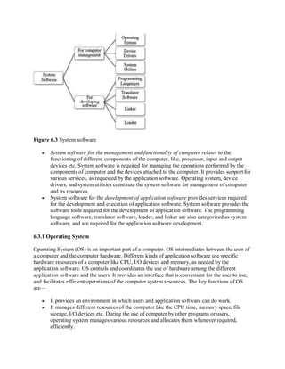 Figure 6.3 System software
 System software for the management and functionality of computer relates to the
functioning of different components of the computer, like, processor, input and output
devices etc. System software is required for managing the operations performed by the
components of computer and the devices attached to the computer. It provides support for
various services, as requested by the application software. Operating system, device
drivers, and system utilities constitute the system software for management of computer
and its resources.
 System software for the development of application software provides services required
for the development and execution of application software. System software provides the
software tools required for the development of application software. The programming
language software, translator software, loader, and linker are also categorized as system
software, and are required for the application software development.
6.3.1 Operating System
Operating System (OS) is an important part of a computer. OS intermediates between the user of
a computer and the computer hardware. Different kinds of application software use specific
hardware resources of a computer like CPU, I/O devices and memory, as needed by the
application software. OS controls and coordinates the use of hardware among the different
application software and the users. It provides an interface that is convenient for the user to use,
and facilitates efficient operations of the computer system resources. The key functions of OS
are—
 It provides an environment in which users and application software can do work.
 It manages different resources of the computer like the CPU time, memory space, file
storage, I/O devices etc. During the use of computer by other programs or users,
operating system manages various resources and allocates them whenever required,
efficiently.
 