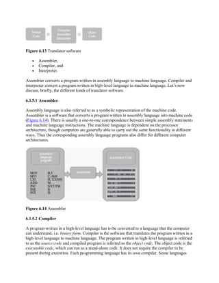 Figure 6.13 Translator software
 Assembler,
 Compiler, and
 Interpreter.
Assembler converts a program written in assembly language to machine language. Compiler and
interpreter convert a program written in high-level language to machine language. Let’s now
discuss, briefly, the different kinds of translator software.
6.3.5.1 Assembler
Assembly language is also referred to as a symbolic representation of the machine code.
Assembler is a software that converts a program written in assembly language into machine code
(Figure 6.14). There is usually a one-to-one correspondence between simple assembly statements
and machine language instructions. The machine language is dependent on the processor
architecture, though computers are generally able to carry out the same functionality in different
ways. Thus the corresponding assembly language programs also differ for different computer
architectures.
Figure 6.14 Assembler
6.3.5.2 Compiler
A program written in a high-level language has to be converted to a language that the computer
can understand, i.e. binary form. Compiler is the software that translates the program written in a
high-level language to machine language. The program written in high-level language is referred
to as the source code and compiled program is referred as the object code. The object code is the
executable code, which can run as a stand-alone code. It does not require the compiler to be
present during execution. Each programming language has its own compiler. Some languages
 