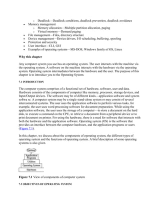 o Deadlock—Deadlock conditions, deadlock prevention, deadlock avoidance
 Memory management
o Memory allocation—Multiple partition allocation, paging
o Virtual memory—Demand paging
 File management—Files, directory structure
 Device management—Device drivers, I/O scheduling, buffering, spooling
 Protection and security
 User interface—CLI, GUI
 Examples of operating systems—MS-DOS, Windows family of OS, Linux
Why this chapter
Any computer system you use has an operating system. The user interacts with the machine via
the operating system. A software on the machine interacts with the hardware via the operating
system. Operating system intermediates between the hardware and the user. The purpose of this
chapter is to introduce you to the Operating System.
7.1 INTRODUCTION
The computer system comprises of a functional set of hardware, software, user and data.
Hardware consists of the components of computer like memory, processor, storage devices, and
Input/Output devices. The software may be of different kinds—application software and system
softwa re. A computer system may be a single stand-alone system or may consist of several
interconnected systems. The user uses the application software to perform various tasks, for
example, the user uses word processing software for document preparation. While using the
application software, the user uses the storage of a computer—to store a document on the hard
disk, to execute a command on the CPU, to retrieve a document from a peripheral device or to
print document on printer. For using the hardware, there is a need for software that interacts with
both the hardware and the application software. Operating system (OS) is the software that
provides an interface between the computer hardware, and the application programs or users
(Figure 7.1).
In this chapter, we discuss about the components of operating system, the different types of
operating system and the functions of operating system. A brief description of some operating
systems is also given.
Figure 7.1 View of components of computer system
7.2 OBJECTIVES OF OPERATING SYSTEM
 