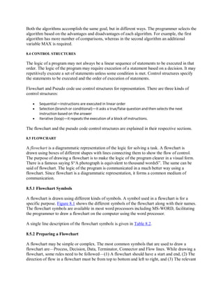 Both the algorithms accomplish the same goal, but in different ways. The programmer selects the
algorithm based on the advantages and disadvantages of each algorithm. For example, the first
algorithm has more number of comparisons, whereas in the second algorithm an additional
variable MAX is required.
8.4 CONTROL STRUCTURES
The logic of a program may not always be a linear sequence of statements to be executed in that
order. The logic of the program may require execution of a statement based on a decision. It may
repetitively execute a set of statements unless some condition is met. Control structures specify
the statements to be executed and the order of execution of statements.
Flowchart and Pseudo code use control structures for representation. There are three kinds of
control structures:
 Sequential—instructions are executed in linear order
 Selection (branch or conditional)—it asks a true/false question and then selects the next
instruction based on the answer
 Iterative (loop)—it repeats the execution of a block of instructions.
The flowchart and the pseudo code control structures are explained in their respective sections.
8.5 FLOWCHART
A flowchart is a diagrammatic representation of the logic for solving a task. A flowchart is
drawn using boxes of different shapes with lines connecting them to show the flow of control.
The purpose of drawing a flowchart is to make the logic of the program clearer in a visual form.
There is a famous saying S“A photograph is equivalent to thousand wordsS”. The same can be
said of flowchart. The logic of the program is communicated in a much better way using a
flowchart. Since flowchart is a diagrammatic representation, it forms a common medium of
communication.
8.5.1 Flowchart Symbols
A flowchart is drawn using different kinds of symbols. A symbol used in a flowchart is for a
specific purpose. Figure 8.1 shows the different symbols of the flowchart along with their names.
The flowchart symbols are available in most word processors including MS-WORD, facilitating
the programmer to draw a flowchart on the computer using the word processor.
A single line description of the flowchart symbols is given in Table 8.2.
8.5.2 Preparing a Flowchart
A flowchart may be simple or complex. The most common symbols that are used to draw a
flowchart are—Process, Decision, Data, Terminator, Connector and Flow lines. While drawing a
flowchart, some rules need to be followed—(1) A flowchart should have a start and end, (2) The
direction of flow in a flowchart must be from top to bottom and left to right, and (3) The relevant
 