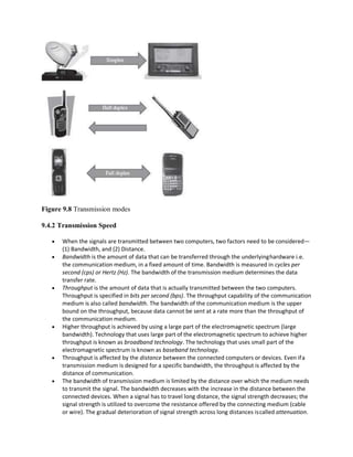 Figure 9.8 Transmission modes
9.4.2 Transmission Speed
 When the signals are transmitted between two computers, two factors need to be considered—
(1) Bandwidth, and (2) Distance.
 Bandwidth is the amount of data that can be transferred through the underlyinghardware i.e.
the communication medium, in a fixed amount of time. Bandwidth is measured in cycles per
second (cps) or Hertz (Hz). The bandwidth of the transmission medium determines the data
transfer rate.
 Throughput is the amount of data that is actually transmitted between the two computers.
Throughput is specified in bits per second (bps). The throughput capability of the communication
medium is also called bandwidth. The bandwidth of the communication medium is the upper
bound on the throughput, because data cannot be sent at a rate more than the throughput of
the communication medium.
 Higher throughput is achieved by using a large part of the electromagnetic spectrum (large
bandwidth). Technology that uses large part of the electromagnetic spectrum to achieve higher
throughput is known as broadband technology. The technology that uses small part of the
electromagnetic spectrum is known as baseband technology.
 Throughput is affected by the distance between the connected computers or devices. Even ifa
transmission medium is designed for a specific bandwidth, the throughput is affected by the
distance of communication.
 The bandwidth of transmission medium is limited by the distance over which the medium needs
to transmit the signal. The bandwidth decreases with the increase in the distance between the
connected devices. When a signal has to travel long distance, the signal strength decreases; the
signal strength is utilized to overcome the resistance offered by the connecting medium (cable
or wire). The gradual deterioration of signal strength across long distances iscalled attenuation.
 