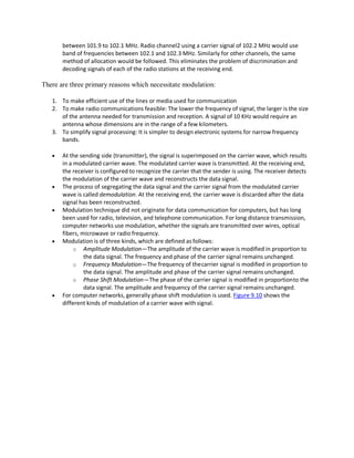 between 101.9 to 102.1 MHz. Radio channel2 using a carrier signal of 102.2 MHz would use
band of frequencies between 102.1 and 102.3 MHz. Similarly for other channels, the same
method of allocation would be followed. This eliminates the problem of discrimination and
decoding signals of each of the radio stations at the receiving end.
There are three primary reasons which necessitate modulation:
1. To make efficient use of the lines or media used for communication
2. To make radio communications feasible: The lower the frequency of signal, the larger is the size
of the antenna needed for transmission and reception. A signal of 10 KHz would require an
antenna whose dimensions are in the range of a few kilometers.
3. To simplify signal processing: It is simpler to design electronic systems for narrow frequency
bands.
 At the sending side (transmitter), the signal is superimposed on the carrier wave, which results
in a modulated carrier wave. The modulated carrier wave is transmitted. At the receiving end,
the receiver is configured to recognize the carrier that the sender is using. The receiver detects
the modulation of the carrier wave and reconstructs the data signal.
 The process of segregating the data signal and the carrier signal from the modulated carrier
wave is called demodulation. At the receiving end, the carrier wave is discarded after the data
signal has been reconstructed.
 Modulation technique did not originate for data communication for computers, but has long
been used for radio, television, and telephone communication. For long distance transmission,
computer networks use modulation, whether the signals are transmitted over wires, optical
fibers, microwave or radio frequency.
 Modulation is of three kinds, which are defined as follows:
o Amplitude Modulation—The amplitude of the carrier wave is modified in proportion to
the data signal. The frequency and phase of the carrier signal remains unchanged.
o Frequency Modulation—The frequency of thecarrier signal is modified in proportion to
the data signal. The amplitude and phase of the carrier signal remains unchanged.
o Phase Shift Modulation—The phase of the carrier signal is modified in proportionto the
data signal. The amplitude and frequency of the carrier signal remains unchanged.
 For computer networks, generally phase shift modulation is used. Figure 9.10 shows the
different kinds of modulation of a carrier wave with signal.
 