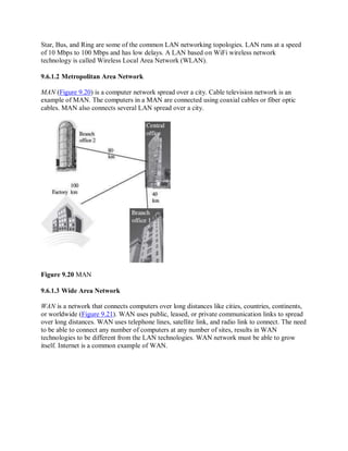 Star, Bus, and Ring are some of the common LAN networking topologies. LAN runs at a speed
of 10 Mbps to 100 Mbps and has low delays. A LAN based on WiFi wireless network
technology is called Wireless Local Area Network (WLAN).
9.6.1.2 Metropolitan Area Network
MAN (Figure 9.20) is a computer network spread over a city. Cable television network is an
example of MAN. The computers in a MAN are connected using coaxial cables or fiber optic
cables. MAN also connects several LAN spread over a city.
Figure 9.20 MAN
9.6.1.3 Wide Area Network
WAN is a network that connects computers over long distances like cities, countries, continents,
or worldwide (Figure 9.21). WAN uses public, leased, or private communication links to spread
over long distances. WAN uses telephone lines, satellite link, and radio link to connect. The need
to be able to connect any number of computers at any number of sites, results in WAN
technologies to be different from the LAN technologies. WAN network must be able to grow
itself. Internet is a common example of WAN.
 