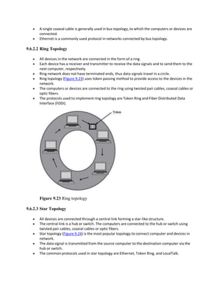  A single coaxial cable is generally used in bus topology, to which the computers or devices are
connected.
 Ethernet is a commonly used protocol in networks connected by bus topology.
9.6.2.2 Ring Topology
 All devices in the network are connected in the form of a ring.
 Each device has a receiver and transmitter to receive the data signals and to send them to the
next computer, respectively.
 Ring network does not have terminated ends, thus data signals travel in a circle.
 Ring topology (Figure 9.23) uses token passing method to provide access to the devices in the
network.
 The computers or devices are connected to the ring using twisted pair cables, coaxial cables or
optic fibers.
 The protocols used to implement ring topology are Token Ring and Fiber Distributed Data
Interface (FDDI).
Figure 9.23 Ring topology
9.6.2.3 Star Topology
 All devices are connected through a central link forming a star-like structure.
 The central link is a hub or switch. The computers are connected to the hub or switch using
twisted pair cables, coaxial cables or optic fibers.
 Star topology (Figure 9.24) is the most popular topology to connect computer and devices in
network.
 The data signal is transmitted from the source computer to the destination computer via the
hub or switch.
 The common protocols used in star topology are Ethernet, Token Ring, and LocalTalk.
 
