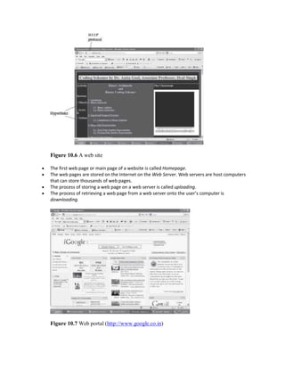 Figure 10.6 A web site
 The first web page or main page of a website is called Homepage.
 The web pages are stored on the Internet on the Web Server. Web servers are host computers
that can store thousands of web pages.
 The process of storing a web page on a web server is called uploading.
 The process of retrieving a web page from a web server onto the user’s computer is
downloading.
Figure 10.7 Web portal (http://www.google.co.in)
 