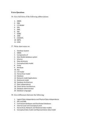 Extra Questions
56. Give full form of the following abbreviations:
1. DBMS
2. DBA
3. E-R Model
4. DDL
5. DML
6. SQL
7. ODBC
8. JDBC
9. CODASYL
10. DBTG
11. CASE
57. Write short notes on:
1. Database System
2. DBMS
3. Components of
4. Data Model database system
5. Schema
6. Data dictionary
7. Conceptual data model
8. Entity
9. Attribute
10. Key
11. E-R model
12. Hierarchical model
13. Database
14. Network model Applications
15. Relational model
16. Database Architecture
17. Data independence
18. Client-Server Architecture
19. Database Administrator
20. Database Languages
58. Give differences between the following:
1. Logical Data Independence and Physical Data Independence
2. DDL and DML
3. Centralized databases and Distributed databases
4. Internal Level and Conceptual Level
5. Hierarchical, Network and Relational data models
6. Conceptual data model and Representation data model
 