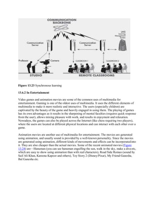 Figure 13.23 Synchronous learning
13.6.2 In Entertainment
Video games and animation movies are some of the common uses of multimedia for
entertainment. Gaming is one of the oldest uses of multimedia. It uses the different elements of
multimedia to make it more realistic and interactive. The users (especially children) are
captivated by the beauty of the game and heavily engaged in using them. The playing of games
has its own advantages as it results in the sharpening of mental faculties (requires quick response
from the user), allows mixing pleasure with work, and results in enjoyment and relaxation.
Nowadays, the games can also be played across the Internet (like chess requiring two players),
where the users are located at different physical locations and can interact with each other over a
game.
Animation movies are another use of multimedia for entertainment. The movies are generated
using animation, and usually sound is provided by a well-known personality. Since the movies
are generated using animation, different kinds of movements and effects can be incorporatedinto
it. They are also cheaper than the actual movies. Some of the recent animated movies (Figure
13.24) are—Hanuman (you can see hanuman engulfing the sun, walk in the sky, make a diveetc,
which are easy to show using animation than with real characters), Road Side Romeo (sound by
Saif Ali Khan, Kareena Kapoor and others), Toy Story 2 (Disney/Pixar), My Friend Ganesha,
Bal Ganesha etc.
 