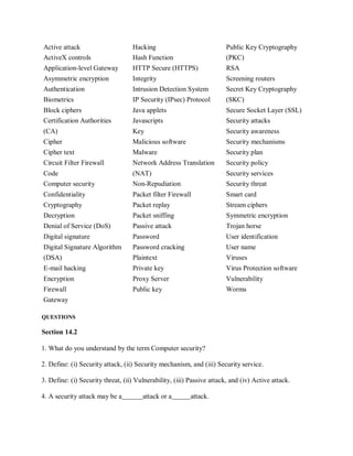 Active attack
ActiveX controls
Hacking
Hash Function
Public Key Cryptography
(PKC)
Application-level Gateway HTTP Secure (HTTPS) RSA
Asymmetric encryption Integrity Screening routers
Authentication Intrusion Detection System Secret Key Cryptography
Biometrics IP Security (IPsec) Protocol (SKC)
Block ciphers Java applets Secure Socket Layer (SSL)
Certification Authorities Javascripts Security attacks
(CA) Key Security awareness
Cipher Malicious software Security mechanisms
Cipher text Malware Security plan
Circuit Filter Firewall Network Address Translation Security policy
Code (NAT) Security services
Computer security Non-Repudiation Security threat
Confidentiality Packet filter Firewall Smart card
Cryptography Packet replay Stream ciphers
Decryption Packet sniffing Symmetric encryption
Denial of Service (DoS) Passive attack Trojan horse
Digital signature Password User identification
Digital Signature Algorithm Password cracking User name
(DSA) Plaintext Viruses
E-mail hacking Private key Virus Protection software
Encryption Proxy Server Vulnerability
Firewall Public key Worms
Gateway
QUESTIONS
Section 14.2
1. What do you understand by the term Computer security?
2. Define: (i) Security attack, (ii) Security mechanism, and (iii) Security service.
3. Define: (i) Security threat, (ii) Vulnerability, (iii) Passive attack, and (iv) Active attack.
4. A security attack may be a attack or a attack.
 