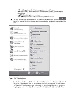 o Help and Support provides help and support to work on Windows.
o Run allows directly executing certain commands, for example to execute aspecific
program, etc.
o Log Off allows closing the current session.
o Turn Off Computer allows restarting or turning off the computer.
 The area for shortcuts contains icons that are used to access a particular program
quickly. To place an icon here, simply drag it from the Desktop. To execute, simply click on the
icon.
Figure 15.2 The start button
 Running Programs It shows the buttons of the application programs that are currently open. If
the button is slightly darker, it is the button of the application program that you are currently
working with. When there are several instances of the same program open at the same time
they are grouped under a button. For example, if you have six windows of InternetExplorer
 