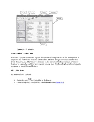Figure 15.7 A window
15.5 WINDOWS XP EXPLORER
Windows Explorer lets the user explore the contents of computer and do file management. It
organizes and controls the files and folders of the different storage devices such as the hard
drive, disk drive, etc. The Windows Explorer is also known as the File Manager. Windows
Explorer is especially useful for copying and moving files. Windows Explorer allows to delete,
see, copy, or move files and folders.
15.5.1 The Start
To start Windows Explorer
1. Click on the icon on the task bar or desktop, or,
2. <Start> <Programs> <Accessories> <Windows Explorer> (Figure 15.8)
 