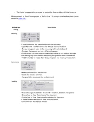  The Protect group contains command to protect the document by restricting its access.
The commands in the different groups of the Review Tab along with a brief explanation are
shown in Table 16.7.
Review Tab
Group
Proofing
Comments
Tracking
Description
• Check the spelling and grammar of text in the document
• Open Research Task Pane and search through research material
• Thesaurus suggests word similar in meaning to the selected word
• Translate the selected text into a different language
• Enable screen tip that translates the word you pause at, into another language
• Set the language used to check the spelling and grammar of the selected text
• Find the number of words, characters, paragraphs and lines in your document
• Add a comment about the selection
• Delete the selected comment
• Navigate to the previous or the next comment
• Track all changes made to the document — insertion, deletion, and updates
• Choose how to show the revision of the document
• Choose how to show the proposed changes to the document
• Choose the kind of markup to show in the document
• Show revisions in a separate window
 