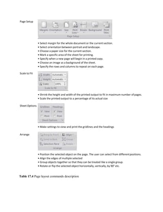 Page Setup
Scale to Fit
Sheet Options
Arrange
• Select margin for the whole document or the current section.
• Select orientation between portrait and landscape.
• Choose a paper size for the current section.
• Mark a specific area of the sheet for printing.
• Specify when a new page will begin in a printed copy.
• Choose an image as a background of the sheet.
• Specify the rows and columns to repeat on each page.
• Shrink the height and width of the printed output to fit in maximum number ofpages.
• Scale the printed output to a percentage of its actual size
• Make settings to view and print the gridlines and the headings
• Position the selected object on the page. The user can select from differentpositions.
• Align the edges of multiple selected
• Group objects together so that they can be treated like a single group.
• Rotate or flip the selected object horizontally, vertically, by 90° etc.
Table 17.4 Page layout commands description
 