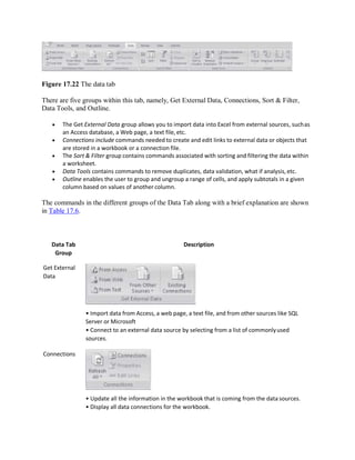 Figure 17.22 The data tab
There are five groups within this tab, namely, Get External Data, Connections, Sort & Filter,
Data Tools, and Outline.
 The Get External Data group allows you to import data into Excel from external sources, suchas
an Access database, a Web page, a text file, etc.
 Connections include commands needed to create and edit links to external data or objects that
are stored in a workbook or a connection file.
 The Sort & Filter group contains commands associated with sorting and filtering the data within
a worksheet.
 Data Tools contains commands to remove duplicates, data validation, what if analysis,etc.
 Outline enables the user to group and ungroup a range of cells, and apply subtotals in a given
column based on values of another column.
The commands in the different groups of the Data Tab along with a brief explanation are shown
in Table 17.6.
Data Tab
Group
Get External
Data
Connections
Description
• Import data from Access, a web page, a text file, and from other sources like SQL
Server or Microsoft
• Connect to an external data source by selecting from a list of commonlyused
sources.
• Update all the information in the workbook that is coming from the data sources.
• Display all data connections for the workbook.
 